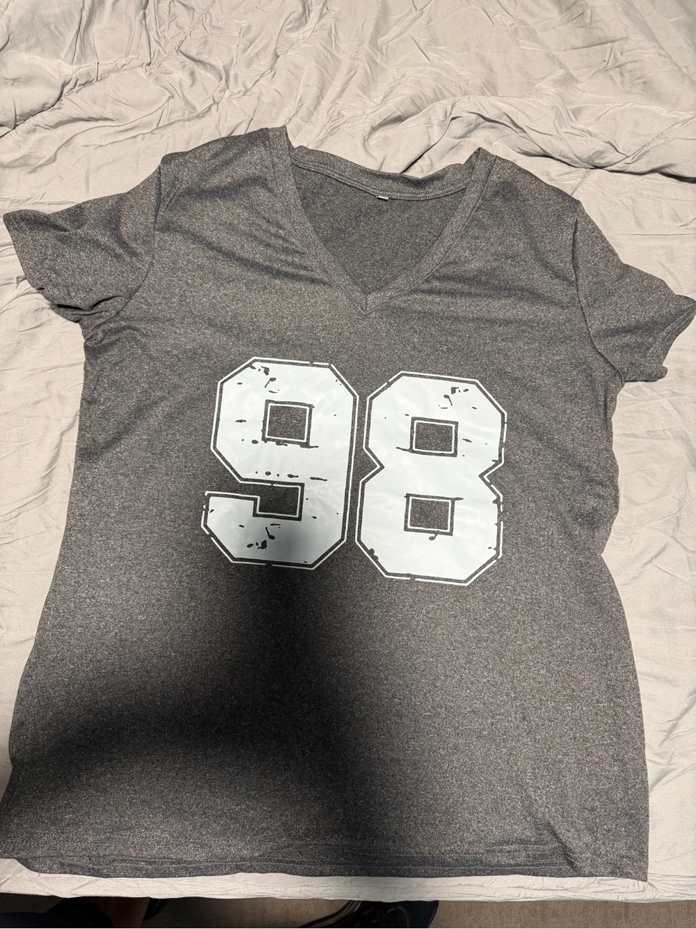 V-Neck Short Sleeve Tee with '98' Graphic - Gray